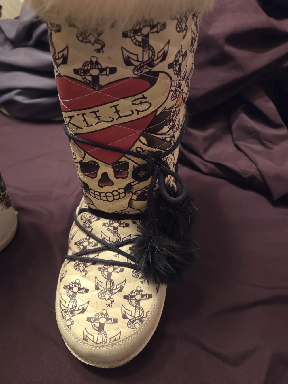 Ed Hardy Boot with Red Heart and Black Skull Graphic